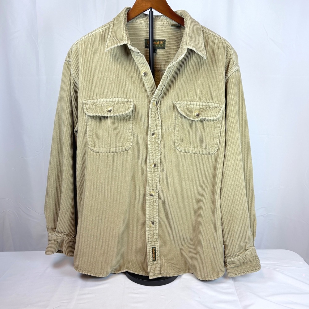 Timberland Vintage 90s Weathergear Tan Wide Wale Corduroy Shirt Mens L Utility